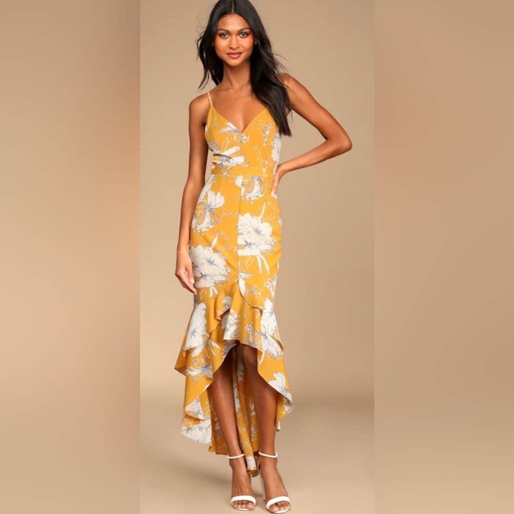 #293 Lulu's Darling Daylily Mustard Yellow Floral Print High-Low Maxi Dress XS